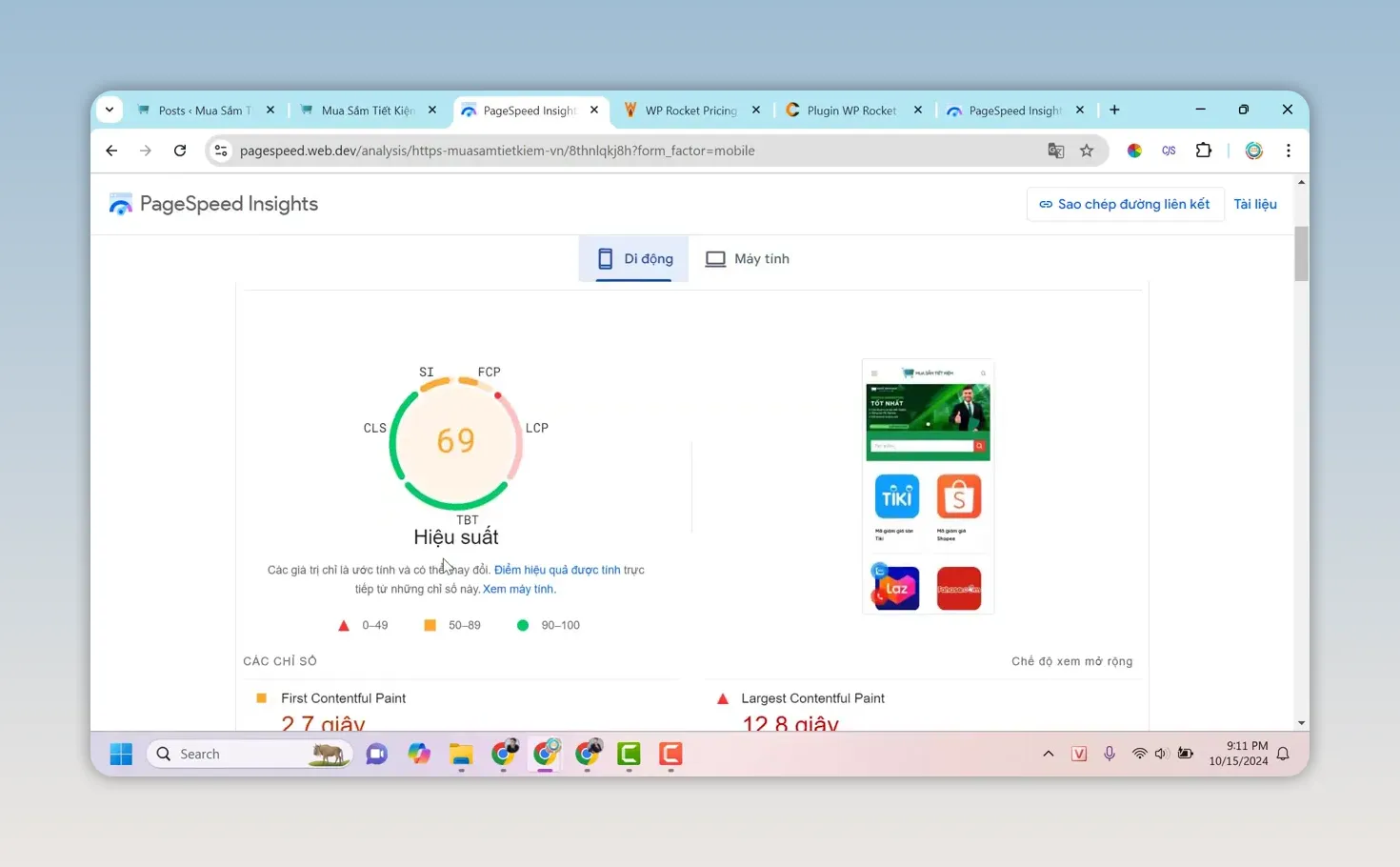 Báo cáo PageSpeed Insights trên điện thoại hiển thị điểm hiệu suất 69