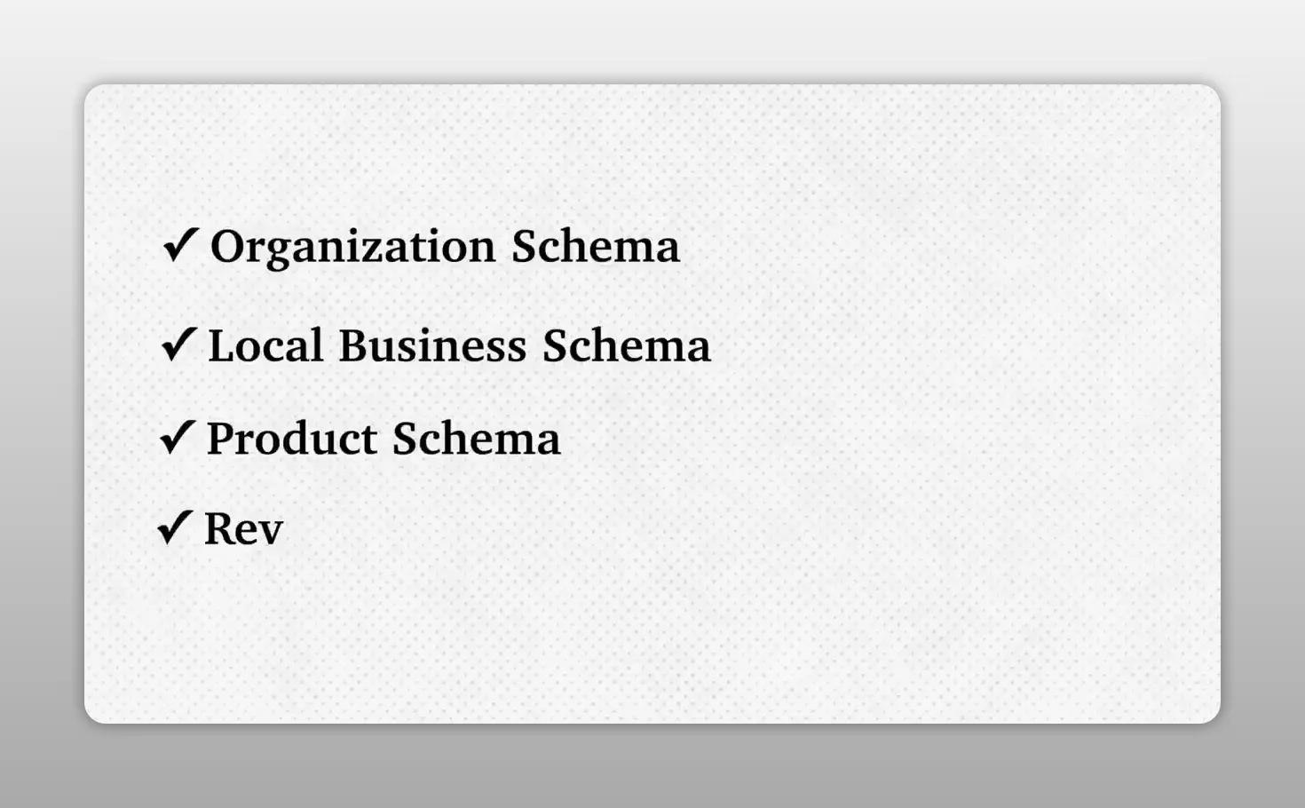 Danh sách các loại Schema Markup gồm Organization Schema, Local Business Schema, Product Schema và Review Schema