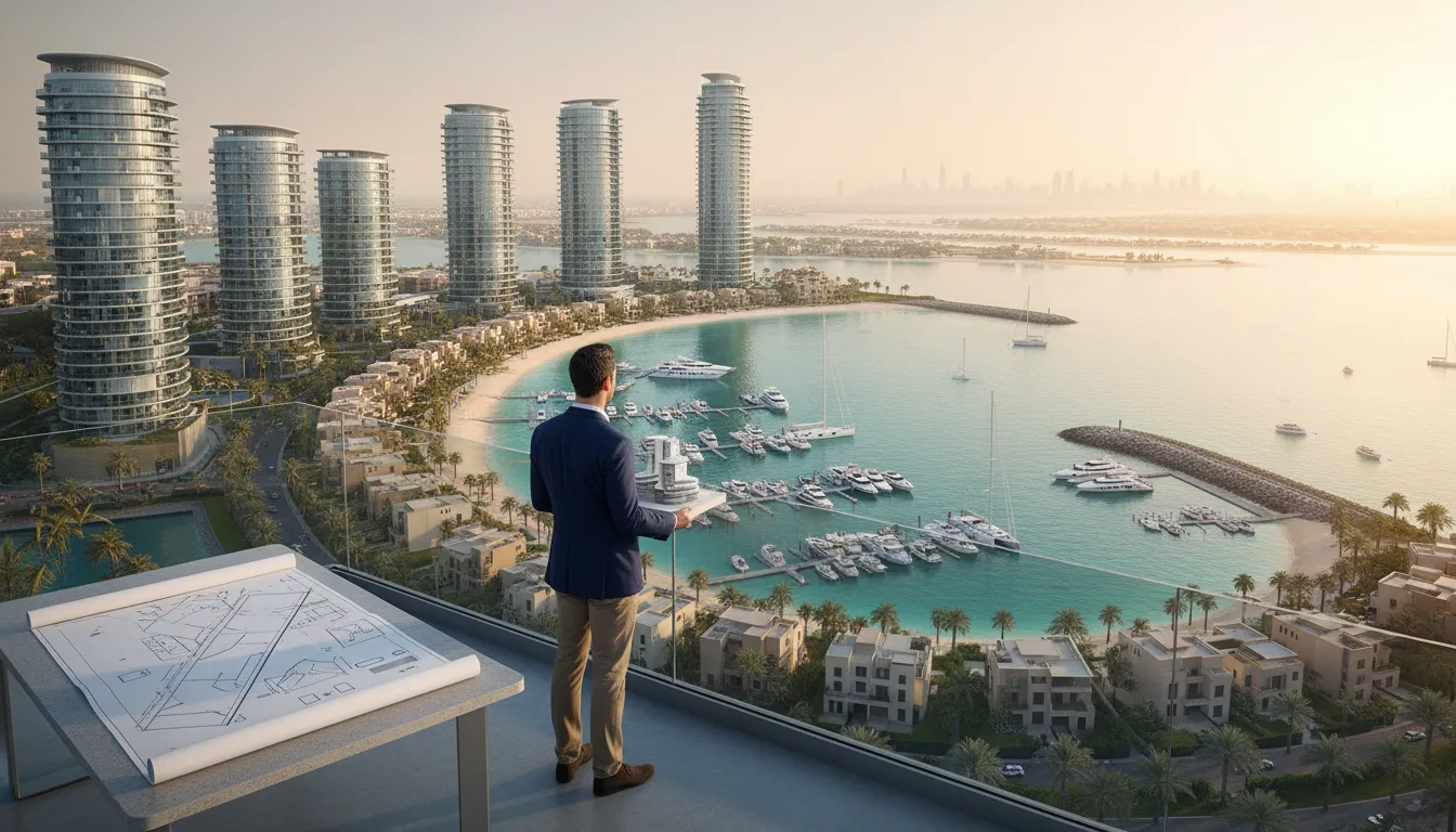 Dubai Island denize sıfır l&uuml;ks konutlar ve marina, g&uuml;nbatımında balkondan manzaraya bakan yatırımcı