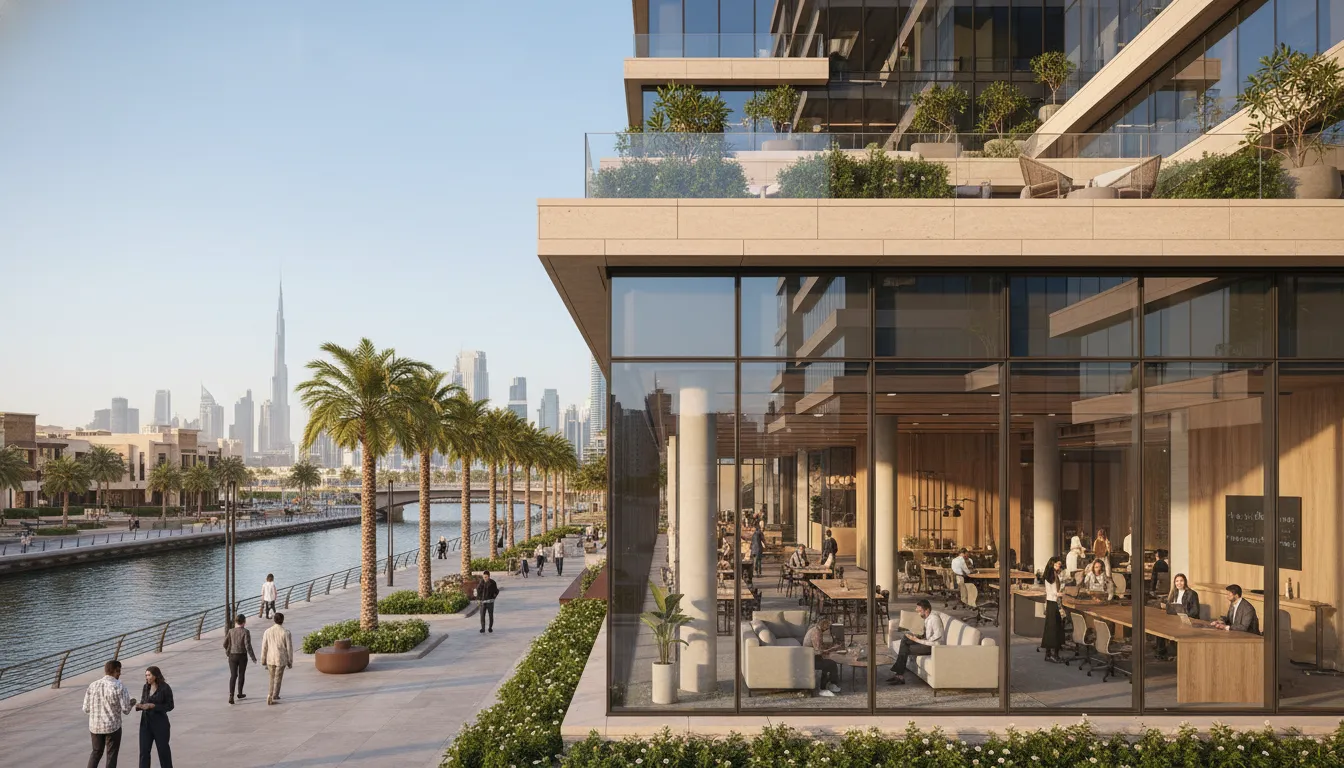 Business Bay'de kanal kıyısında modern cam cepheli hizmetli ofis binası, geniş sosyal alanlar ve &ccedil;atı terası; ofisten g&ouml;r&uuml;nen ortak &ccedil;alışma ve dinlenme alanları, Dubai silueti arka planda