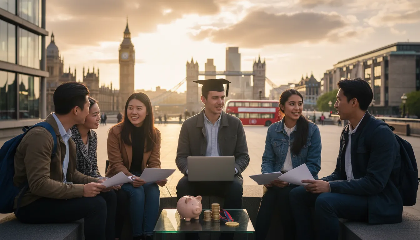 Londra silueti &ouml;n&uuml;nde lisans ve y&uuml;ksek lisans d&uuml;ş&uuml;nen &ccedil;eşitli &ouml;ğrenciler; kumbara, para desteleri ve madalya ile uygun fiyatlı &uuml;niversiteler ve burslar teması