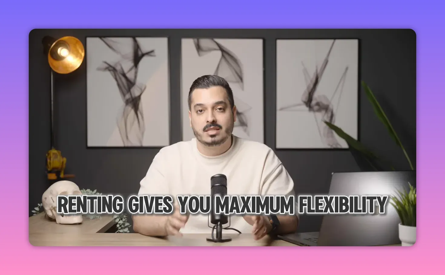 Presenter with on-screen text about renting flexibility