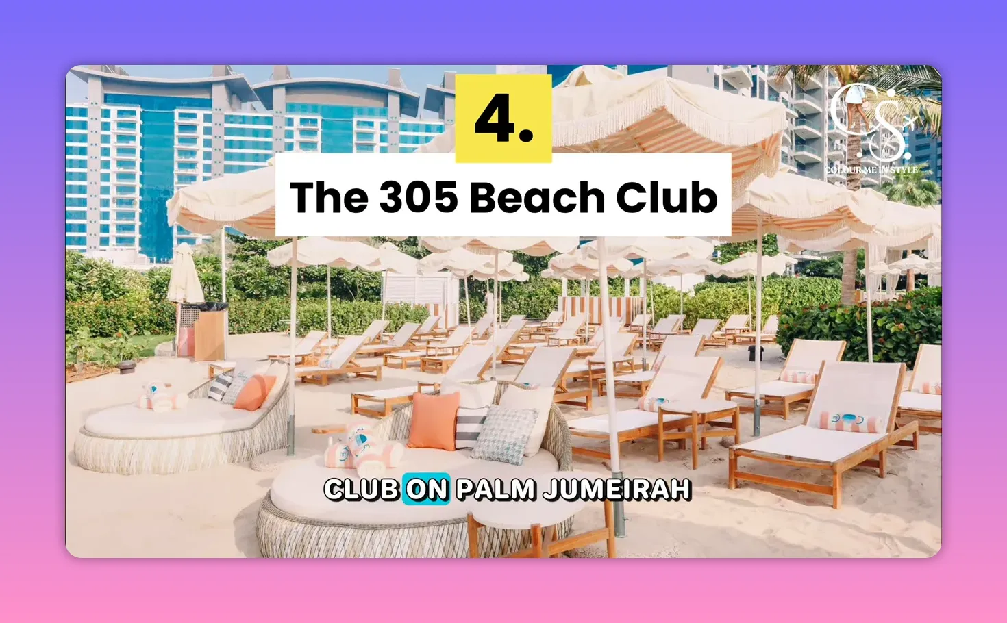 305 Beach Club day pass area with sunbeds and cabanas on Palm Jumeirah