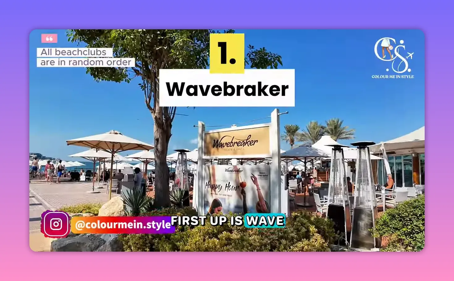 Wavebreaker at Hilton Dubai Jumeirah beach club entrance with umbrellas and seating