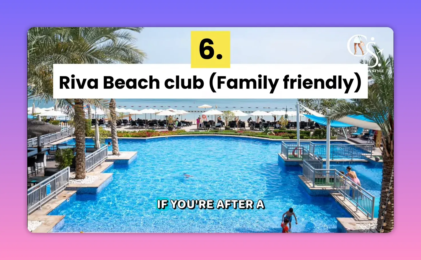 Riva Beach Club family-friendly pool area with sun loungers and beach access on Palm Jumeirah