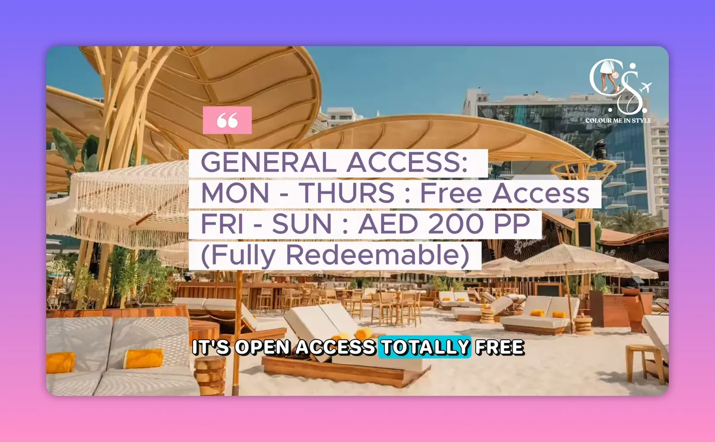 Bohemia Beach Club at FIVE Palm general access pricing for Monday to Thursday and Friday to Sunday