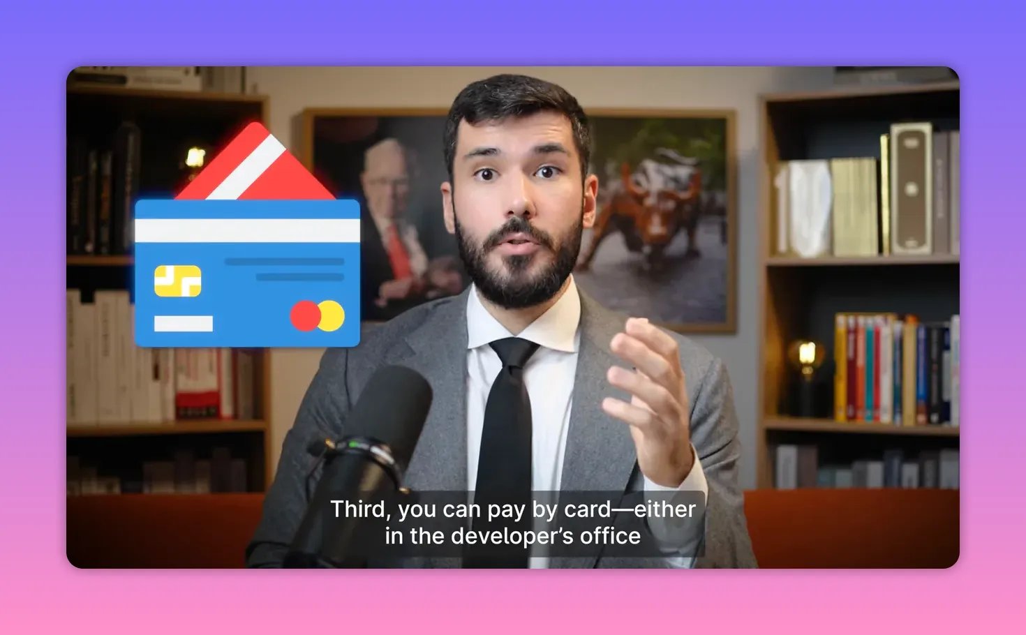 Presenter with a large credit card icon illustrating card payments for property