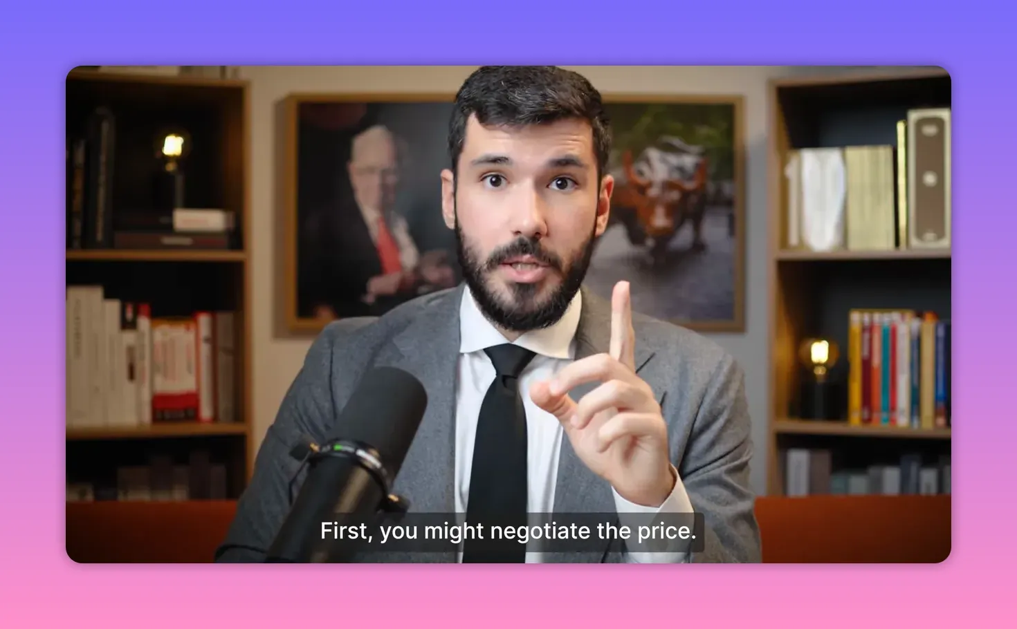 Presenter holding up one finger while saying you might negotiate the price first.