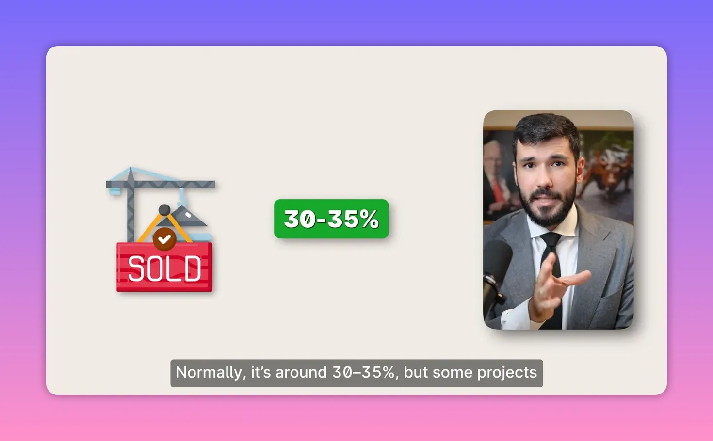 Graphic showing '30&ndash;35%' between a 'SOLD' icon and a video frame of the presenter, highlighting the common payment threshold to sell off‑plan.
