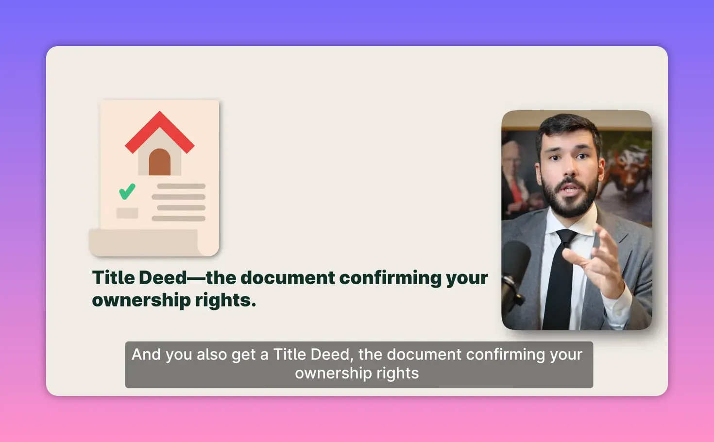 Illustration of a title deed document and a presenter, with the on-screen text 'Title Deed&mdash;the document confirming your ownership rights'.