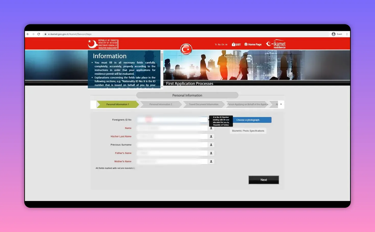 e-ikamet personal information page showing the 'Choose a photograph' button to upload a biometric photo