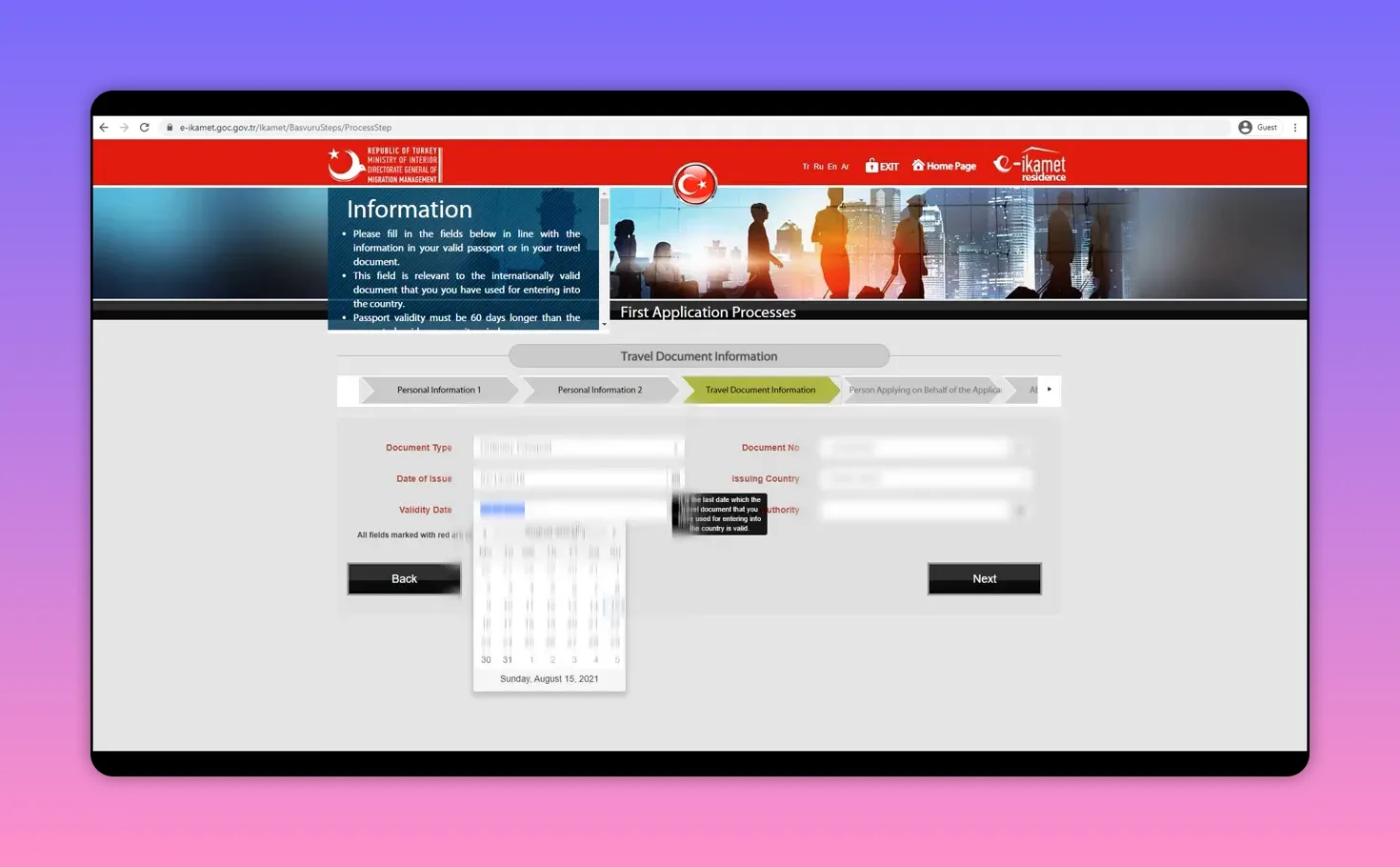 e-ikamet date picker calendar showing the validity date selection for a travel document