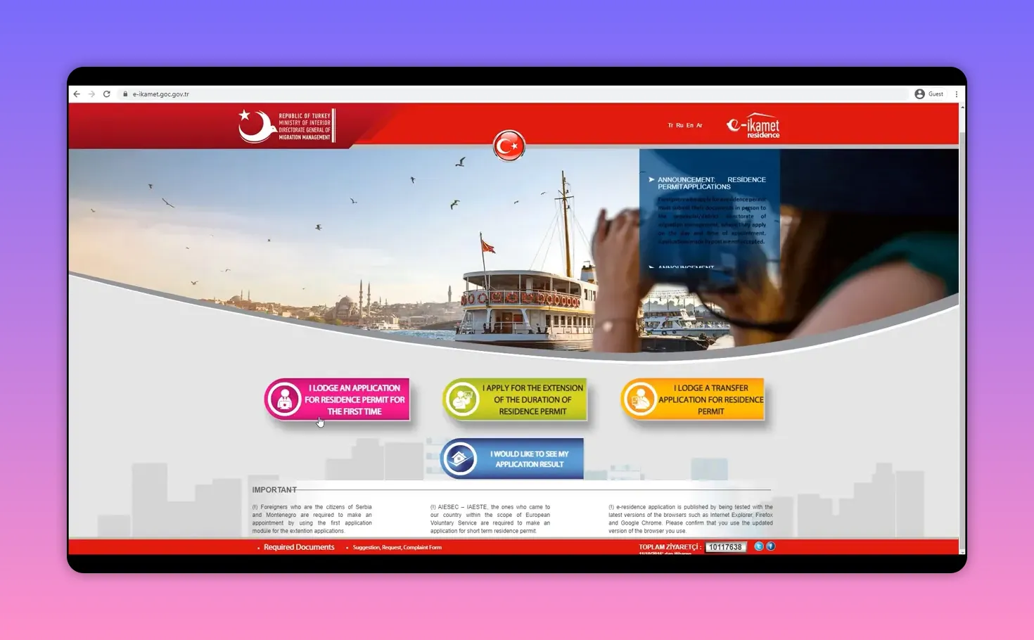 E-ikamet official homepage showing residence permit application options and navigation