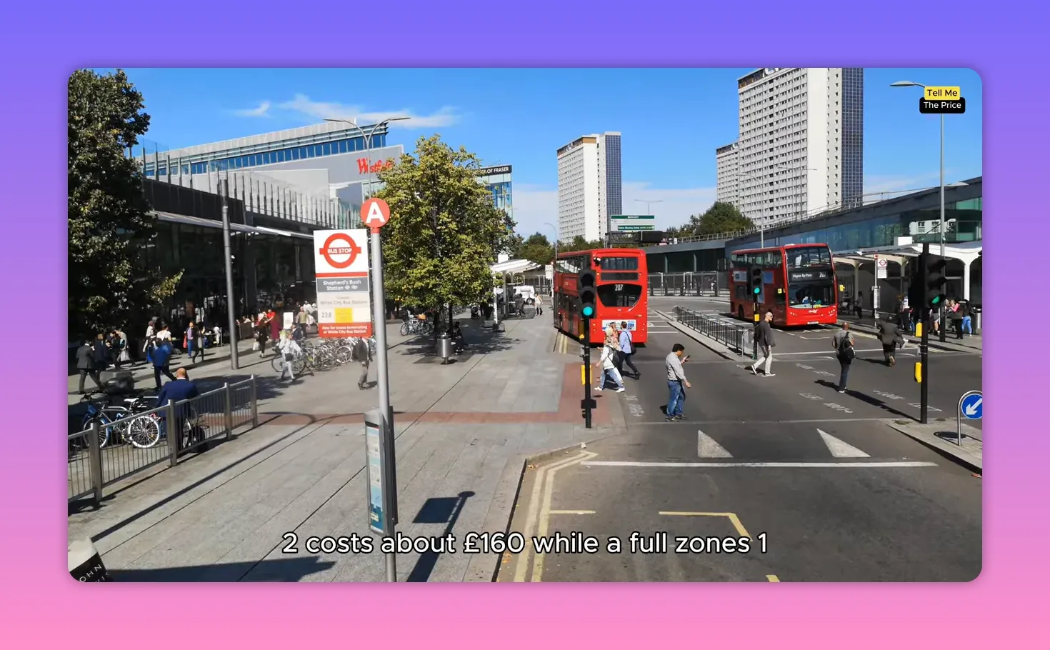 Red London buses at a station platform showing zone-based travel cost information