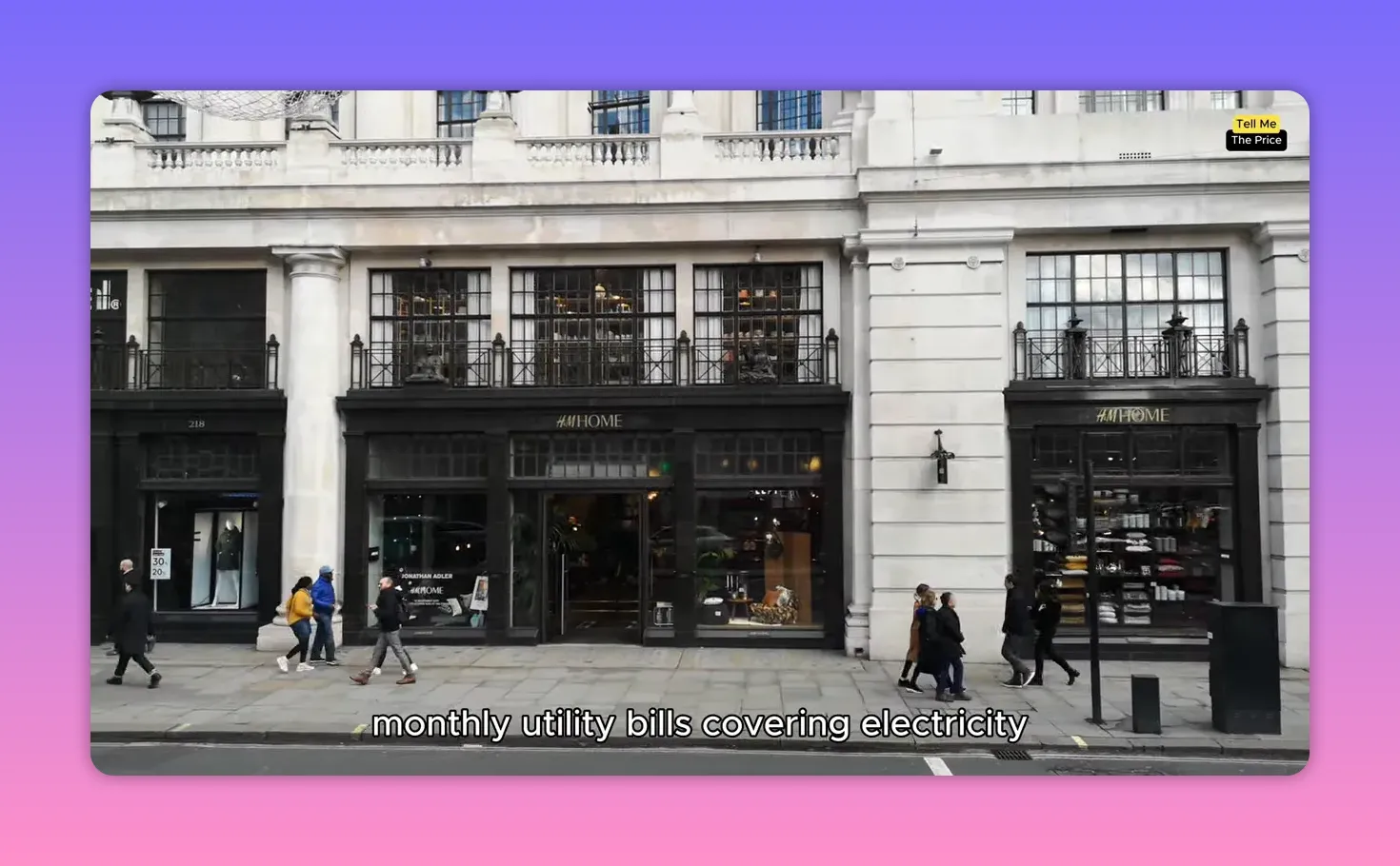 Central London street storefronts with pedestrians while discussing monthly utility bills for electricity