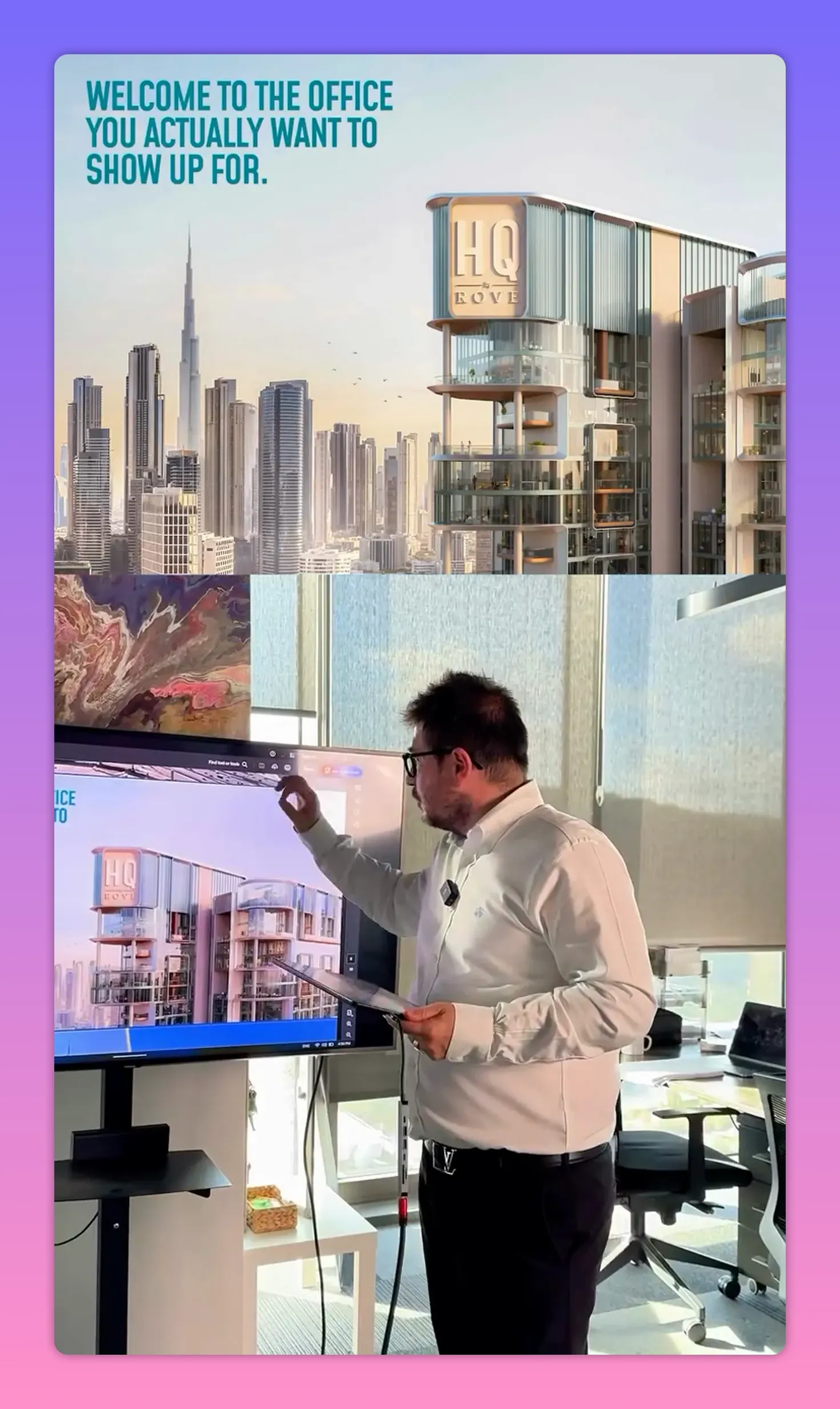 Ekranda HQ dış cephe g&ouml;rseli ve sunum yapan kişi, bina cephe ve balkon detayları g&ouml;r&uuml;n&uuml;r.