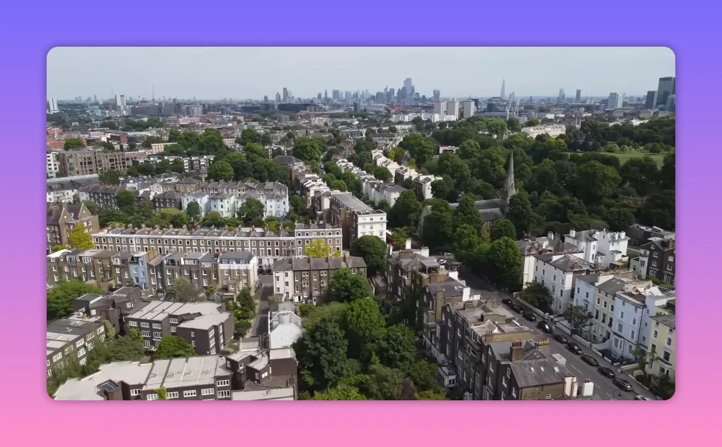 Aerial view of London residential streets with skyline in the distance