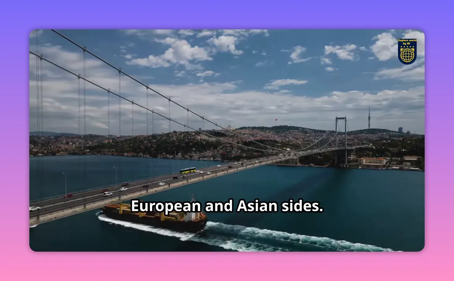 Cargo ship crossing under the Bosphorus Bridge with the strait and hills on both sides