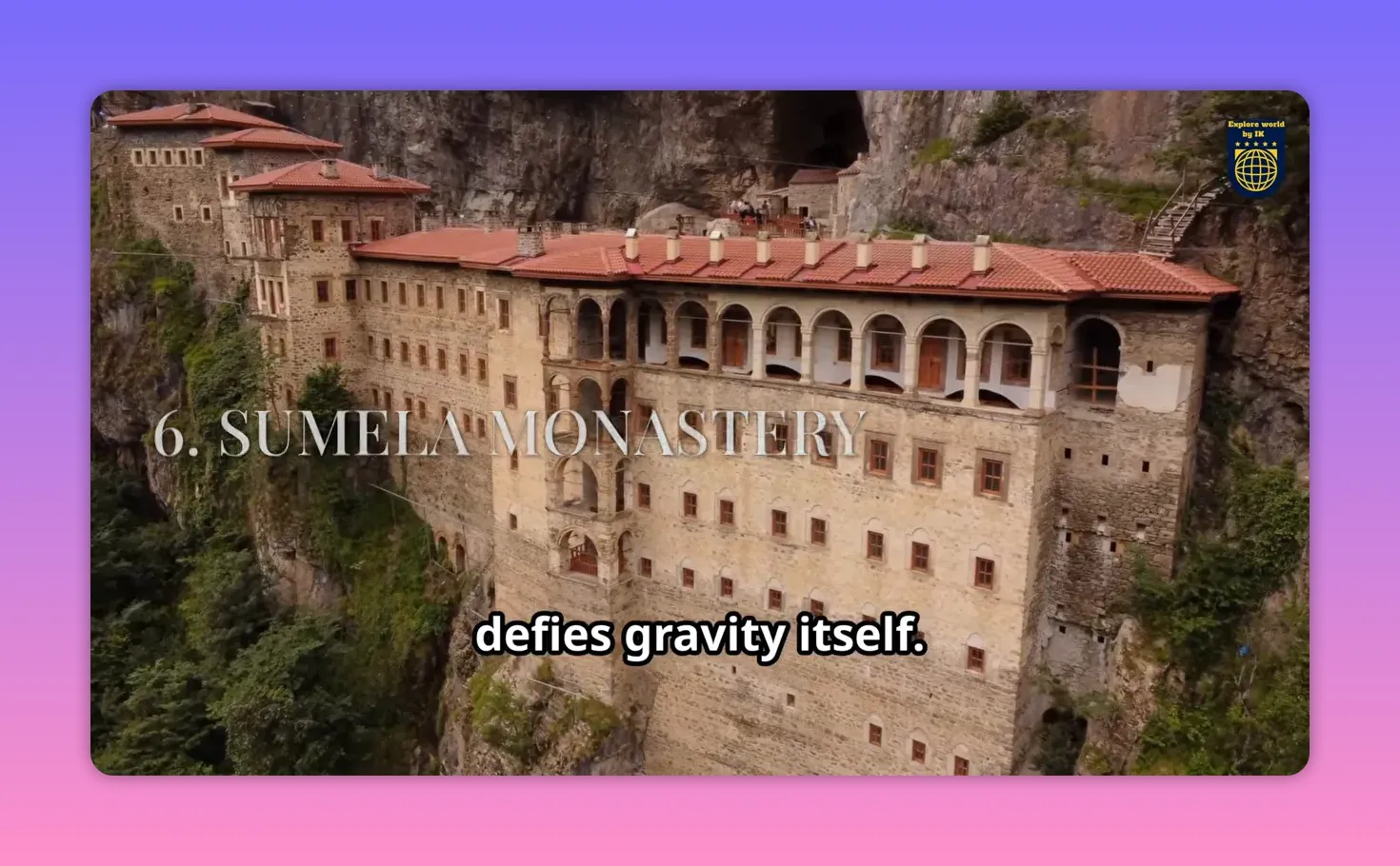 Close drone shot of Sumela Monastery built into a vertical cliff face