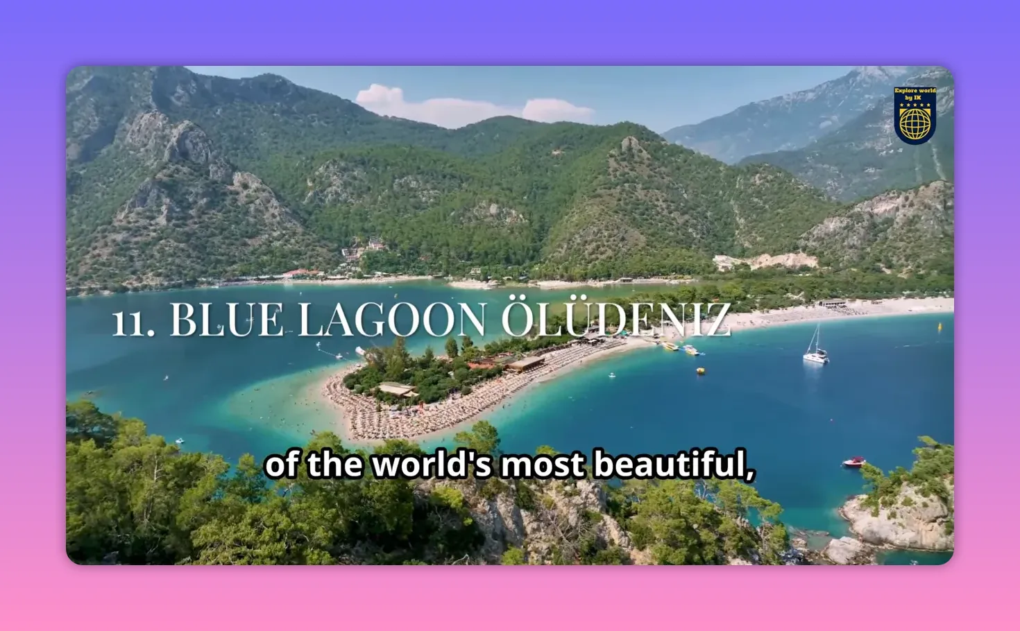 Panoramic aerial view of Ölüdeniz Blue Lagoon with turquoise bay, sandy peninsula and forested mountains.