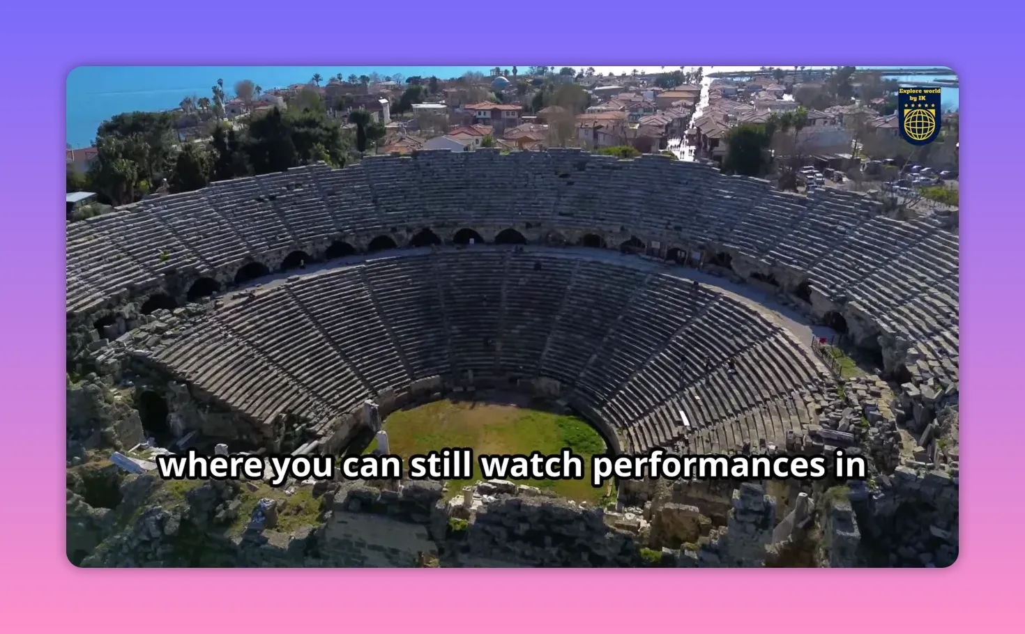 Aerial view of Aspendos Roman theater showing the semicircular stone seating and orchestra area
