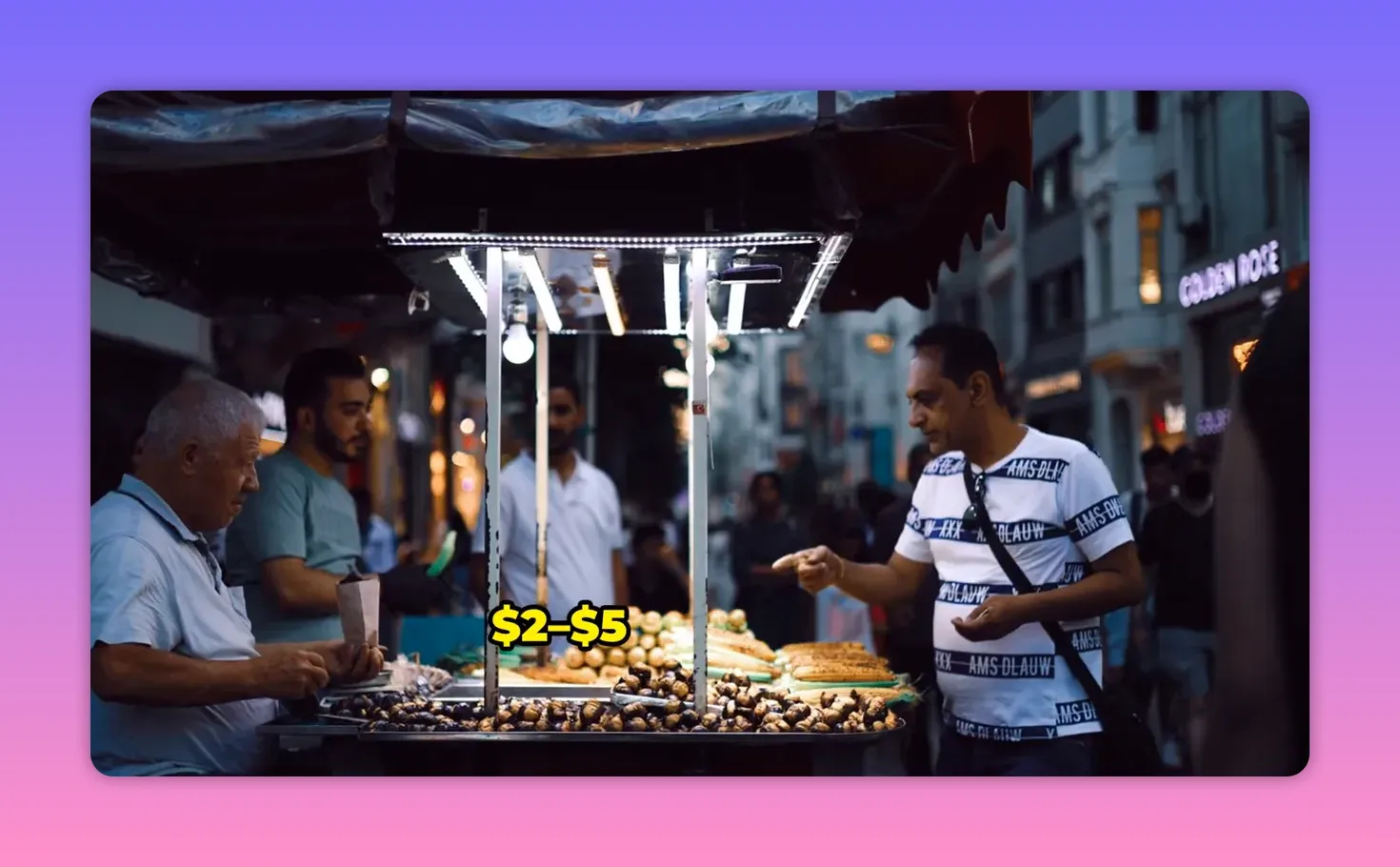 Antalya street food stall with vendor and customers, including visible price overlay