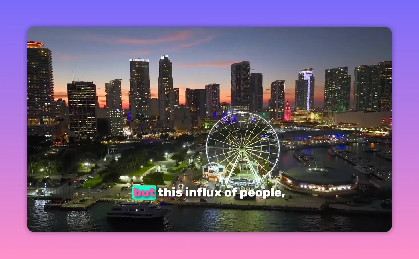 Miami skyline at dusk with Ferris wheel along the waterfront