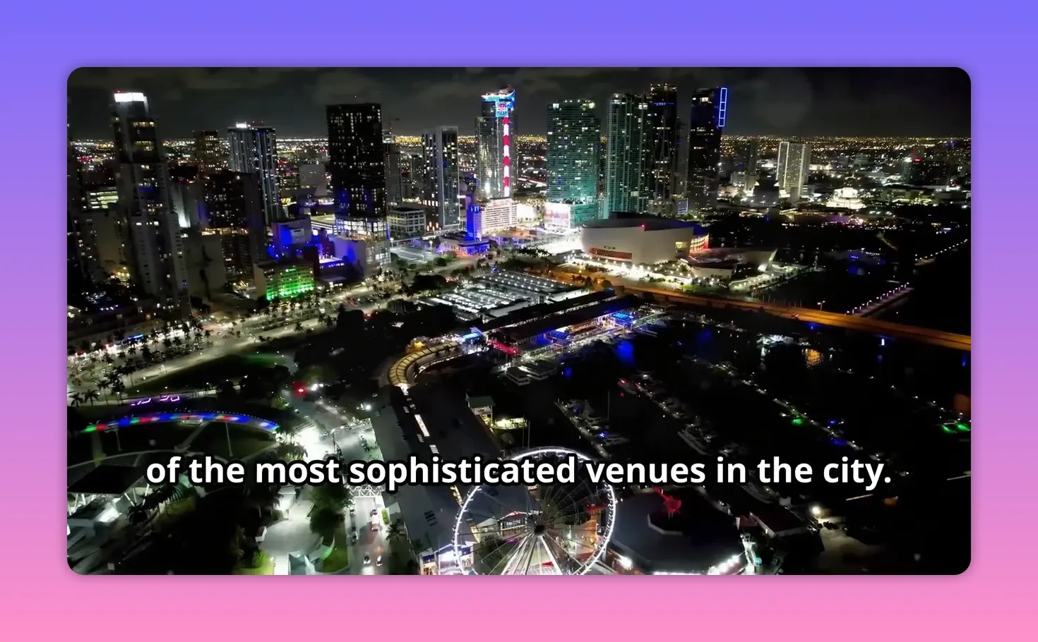 Aerial view of Brickell Miami at night showing illuminated venues and skyline