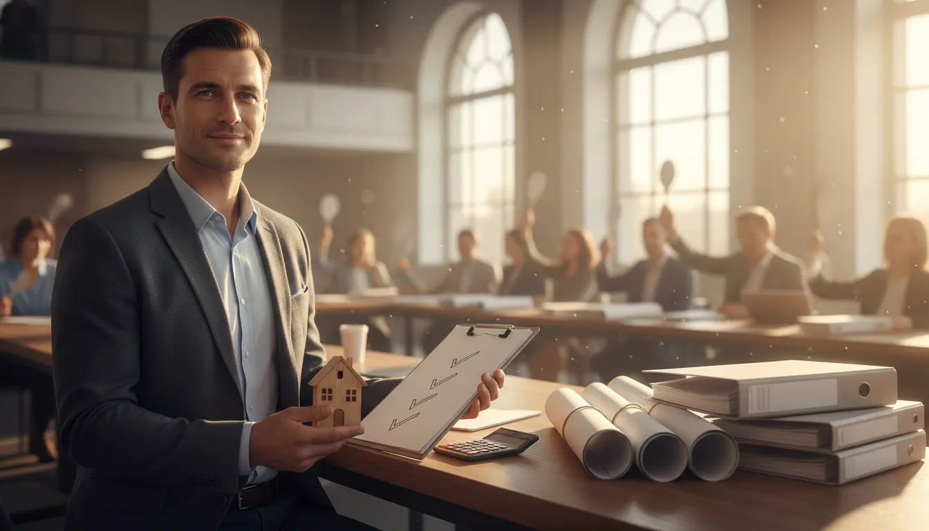 Confident bidder holding a small house model and checklist in a bright auction room, symbolizing property auction preparation and calm, purposeful bidding