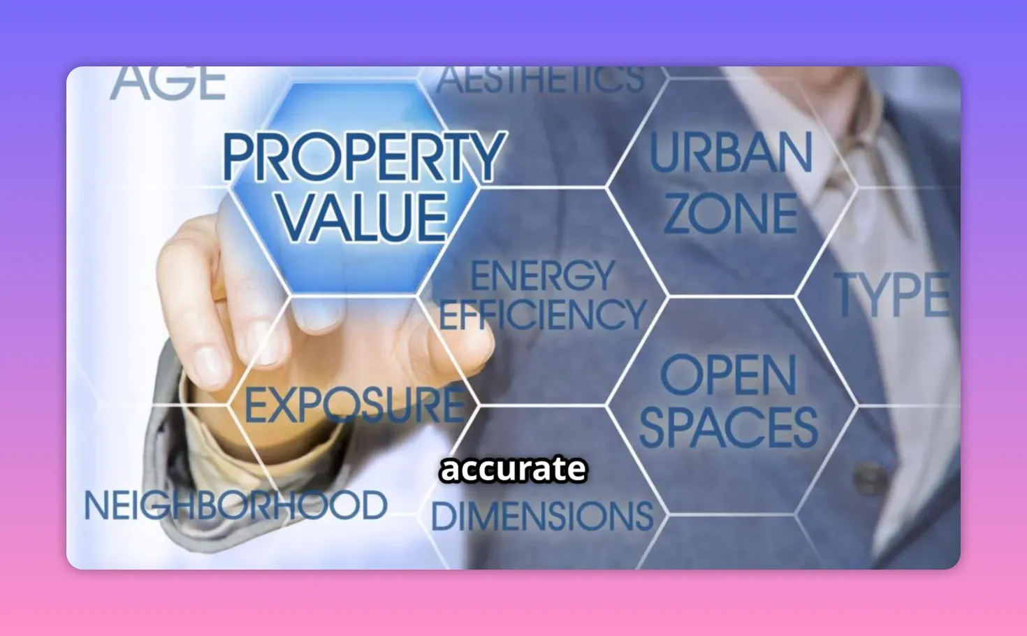 hand touching a property value infographic with hexagons and words like 'PROPERTY VALUE', 'OPEN SPACES' and 'accurate'