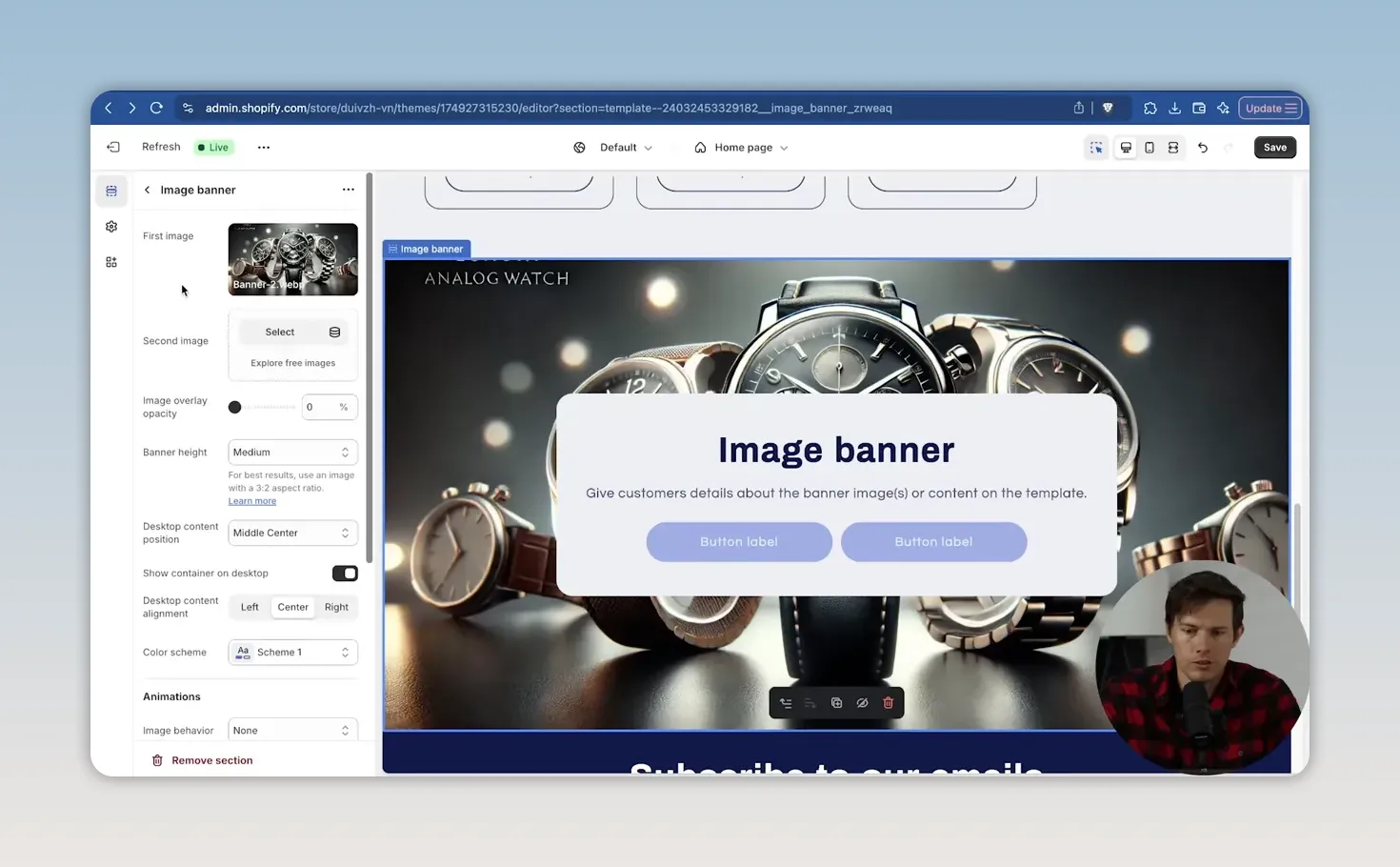 Trình chỉnh sửa Shopify hiển thị banner ảnh đồng hồ và bảng cài đặt bên trái