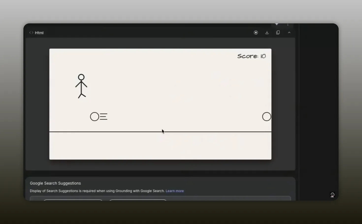 In-browser game play of a doodle-style infinite runner showing stick figure jumping and a projectile with score