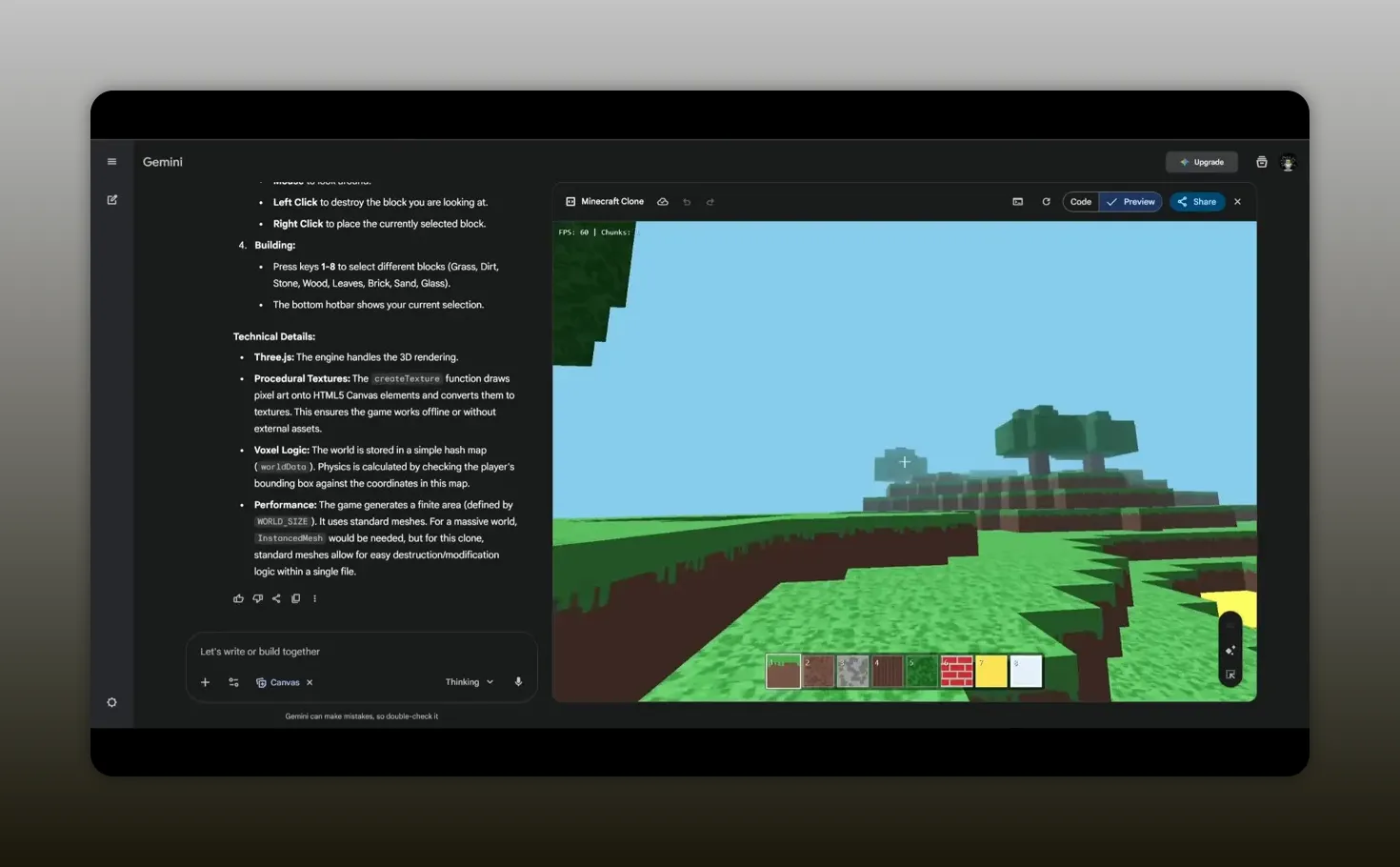 Gemini Canvas内のMinecraftクローンのプレイ画面、クロスヘアとホットバー、左に説明パネルが見える