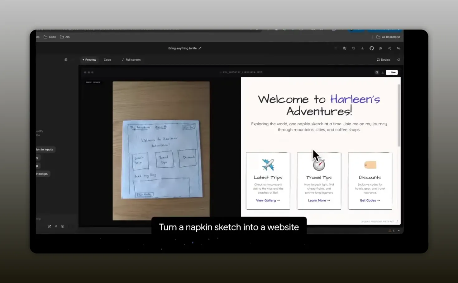 ナプキンの手描きワイヤーフレームと生成されたウェブサイトを並べて表示したスクリーンショット