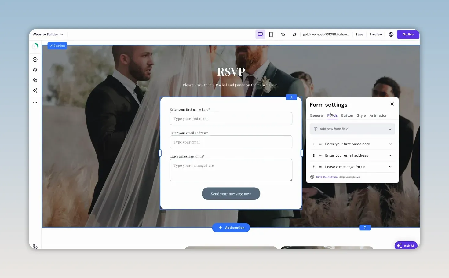 Biểu mẫu RSVP với bảng cài đặt trường câu hỏi