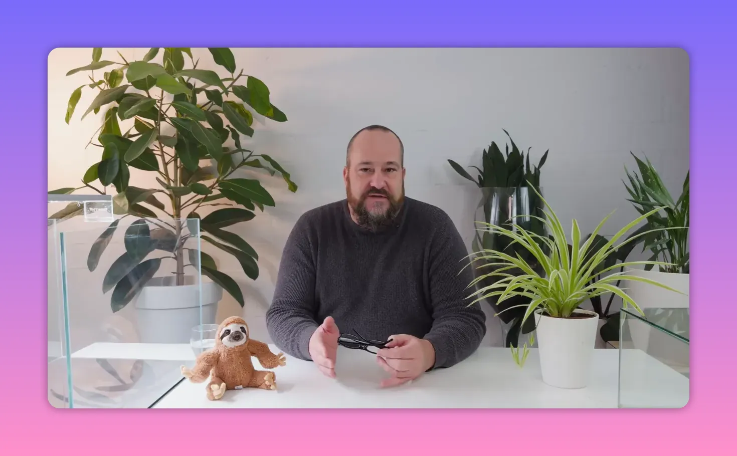 Zoo Zajac: Ein Neuanfang für Norberts Lebenswerk 4 Moderator mittig am Tisch mit Stofffaultier und Pflanzen, spricht klar zur Kamera