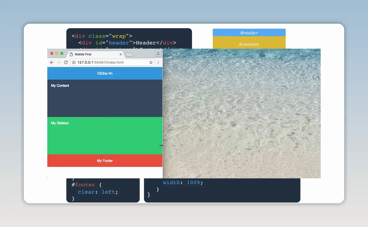 Bố cục website thu hẹp với content và sidebar xếp dọc trên màn hình nhỏ
