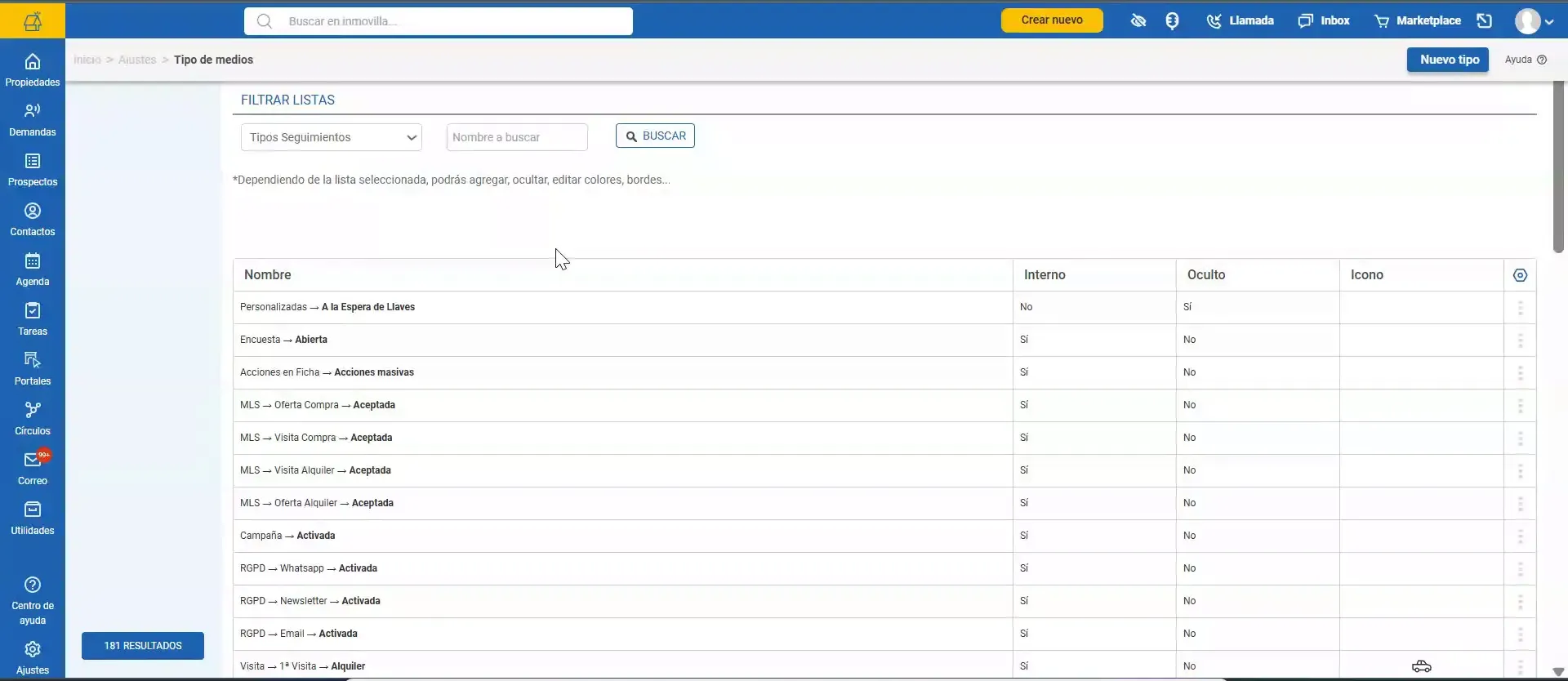 Pantalla de listas de Inmovilla con tabla de tipos de seguimiento