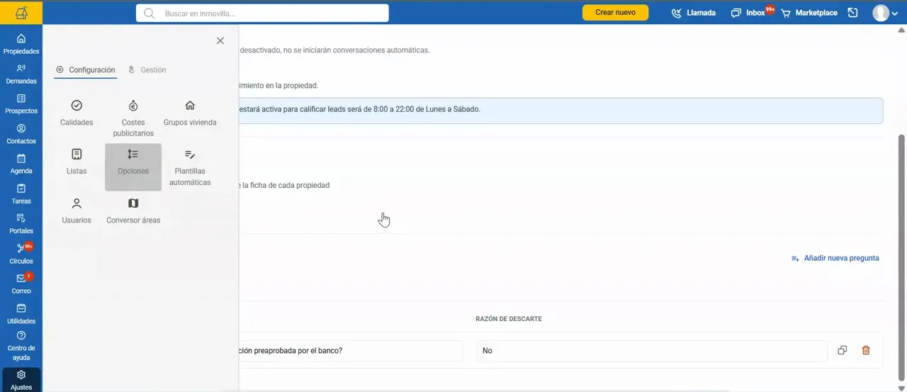 Pestaña de automatización dentro de opciones con respuestas automáticas a interesados