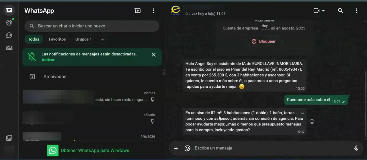 Conversación de WhatsApp con mensajes automáticos del asistente sobre un inmueble y preguntas de cualificación