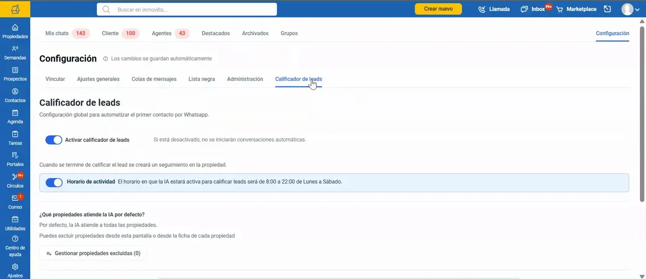 Pantalla de configuración del inbox con el apartado del calificador de leads