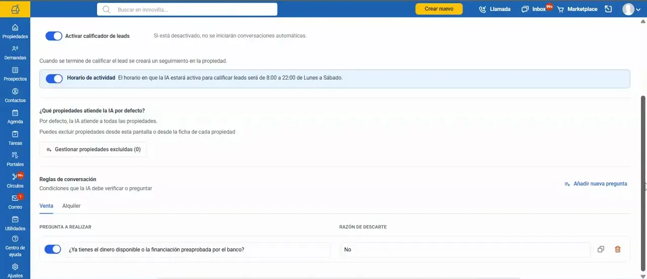 Formulario del calificador con preguntas y opciones de descarte configurables