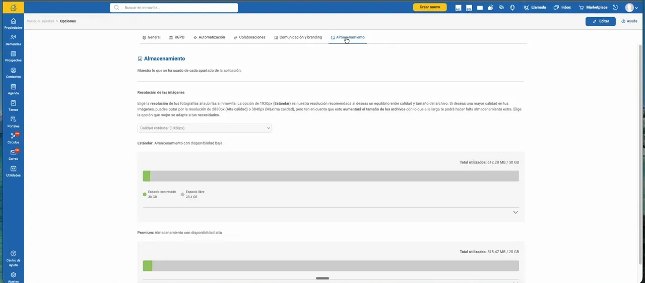 Pantalla de configuración de Inmovilla con secciones de almacenamiento