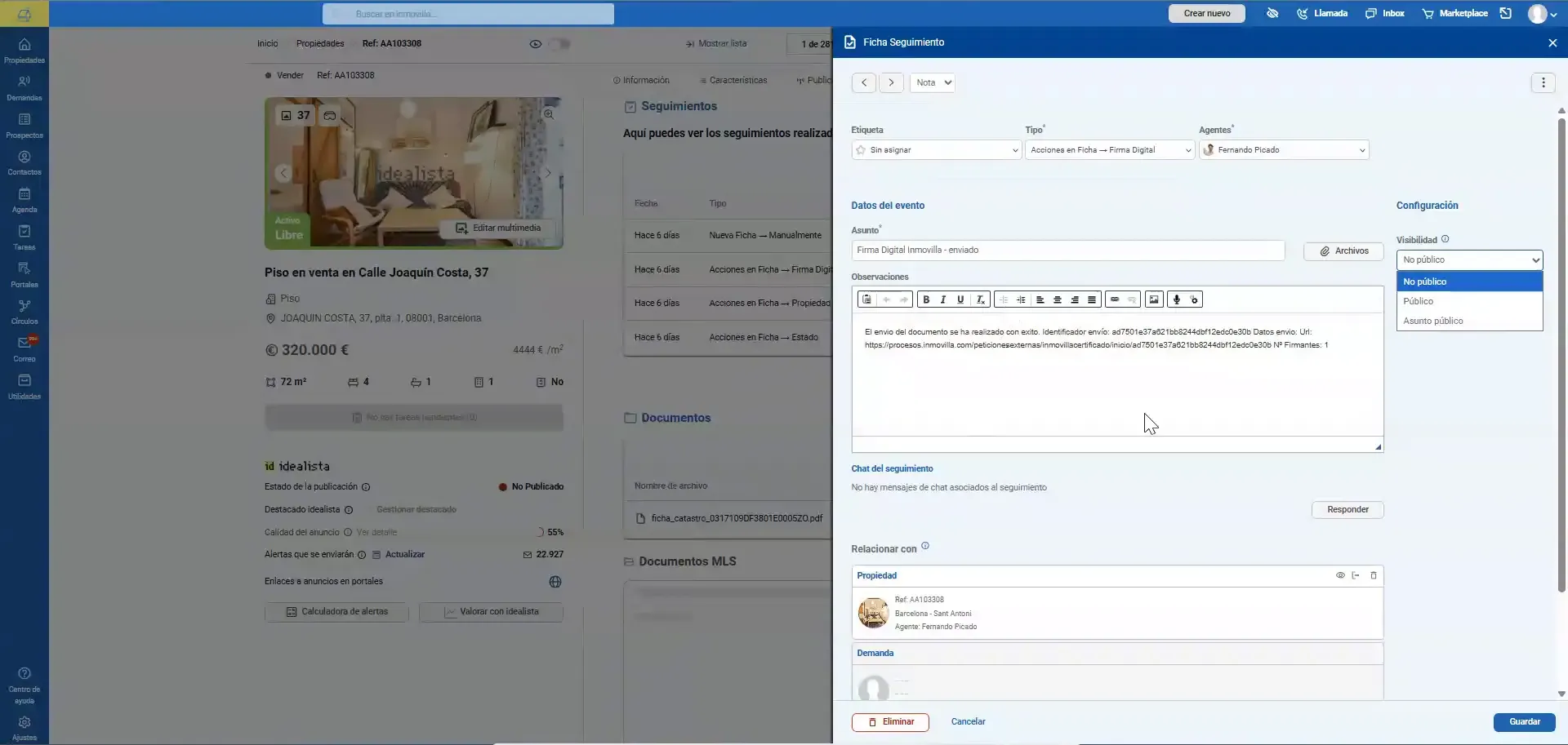 Ficha de una propiedad con tabla de seguimientos