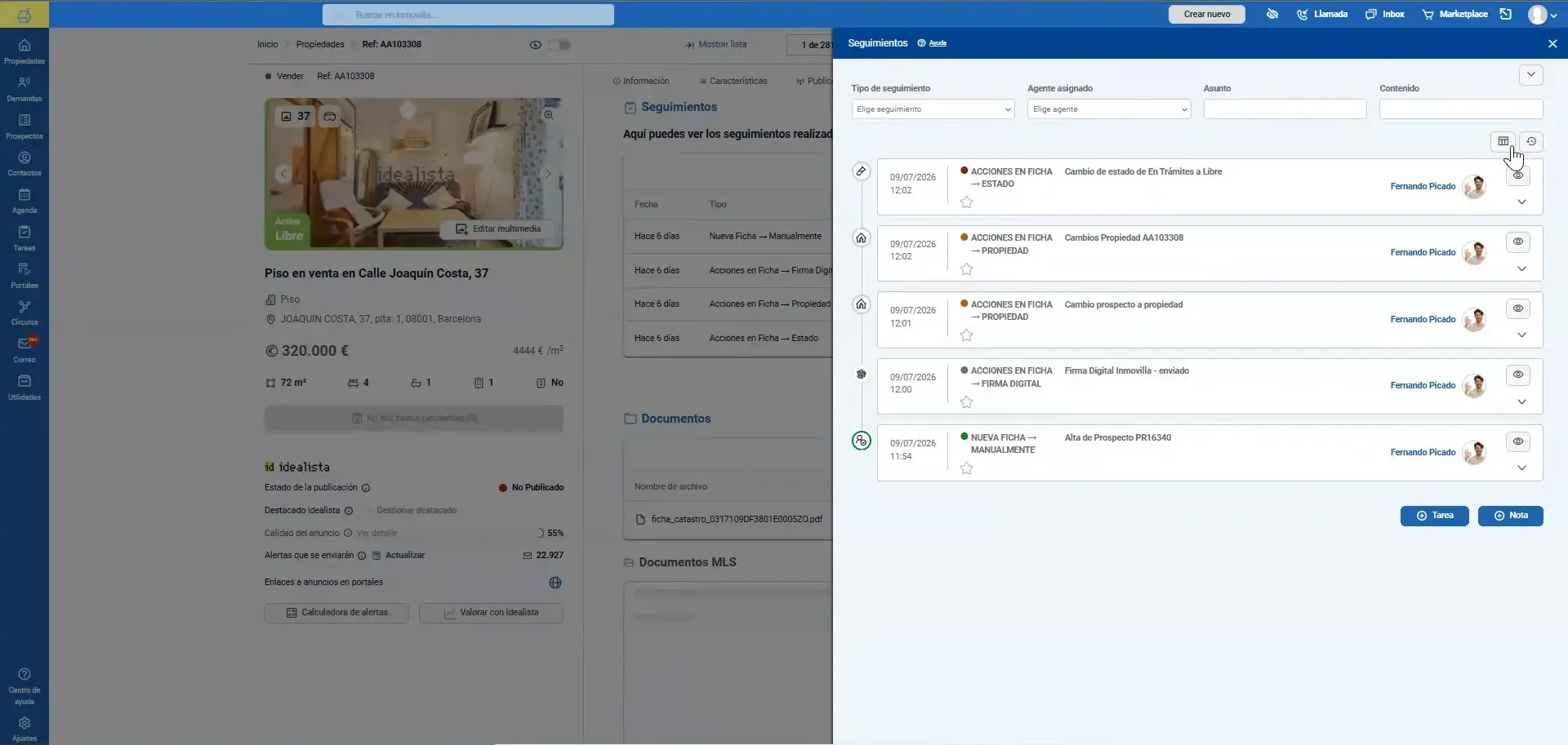 Ficha de una propiedad con tabla de seguimientos