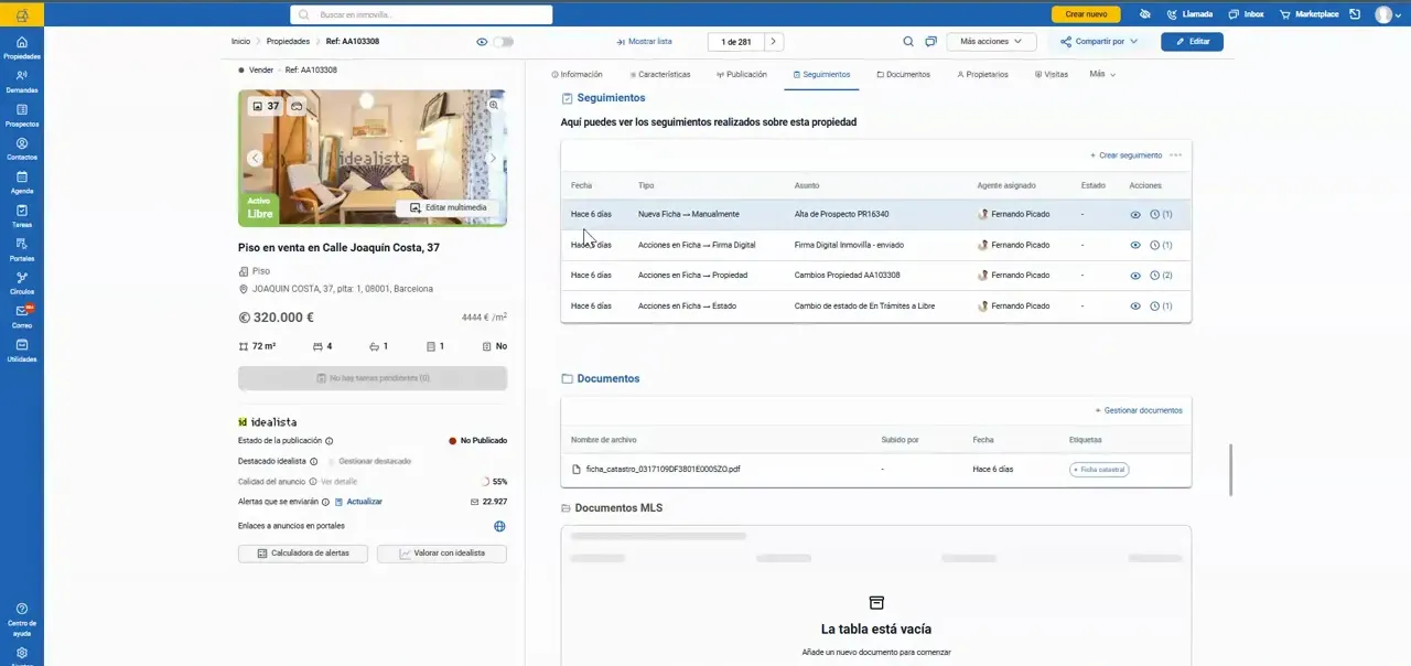 Ficha de una propiedad con tabla de seguimientos