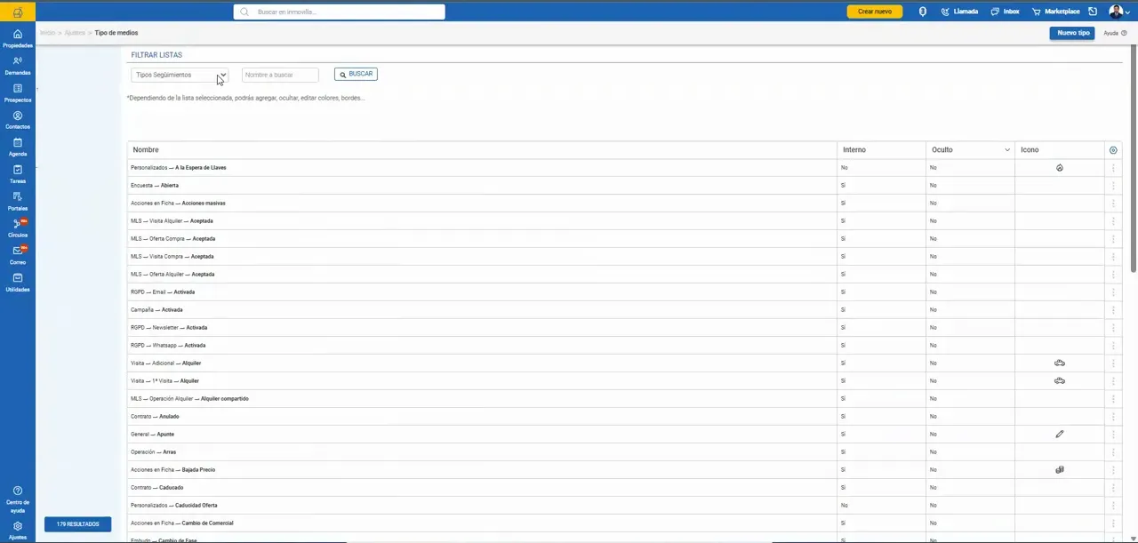 Pantalla de configuración y listas con el filtro de tipos de propiedad