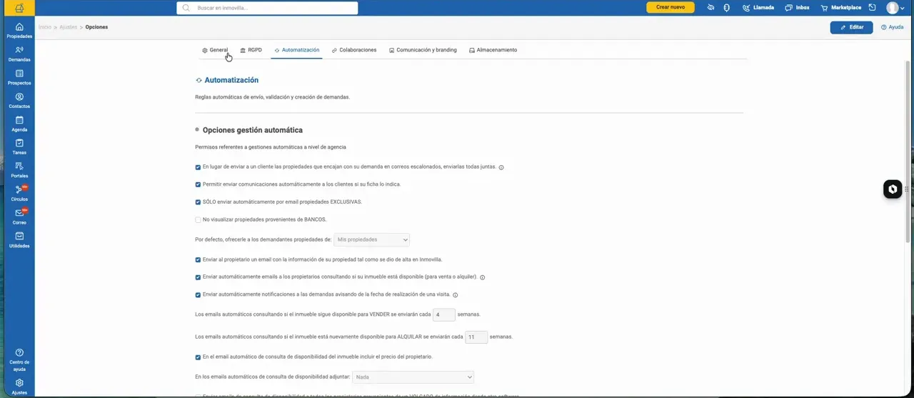 Pantalla de opciones de automatización de Inmovilla con varios permisos configurables