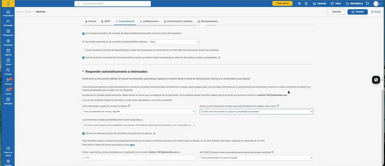 Opciones de creación automática de demandas y asignación de interesados en Inmovilla