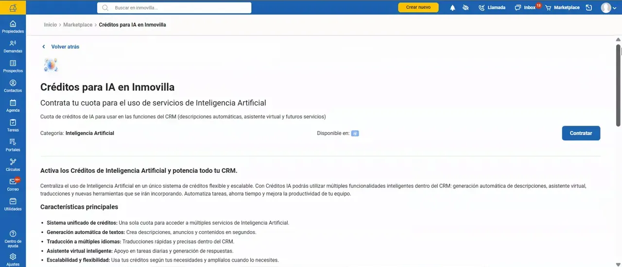 Página de “Créditos para IA en Inmovilla” con información y botón de contratar